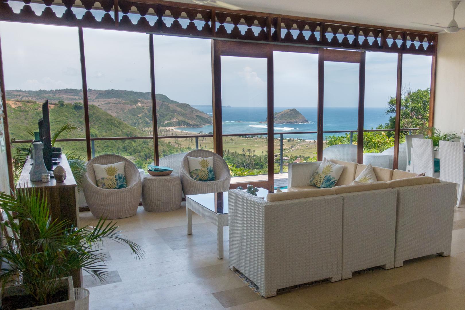 Sofa with a tv and a beautiful view over South Lombok